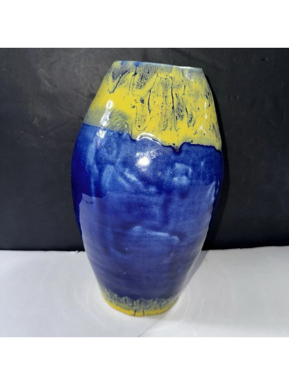 Lizzy Adams Signed Studio Pottery Vase Planter Blue Yellow Drip Glaze 10”